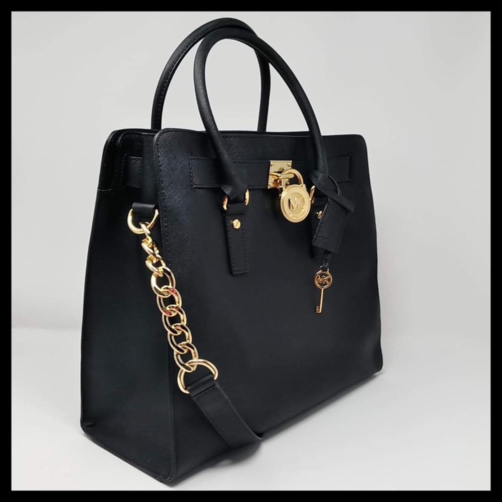 Michael Kors Hamilton Large Saffiano Leather Tote Black With Gold - Picture 2 of 16